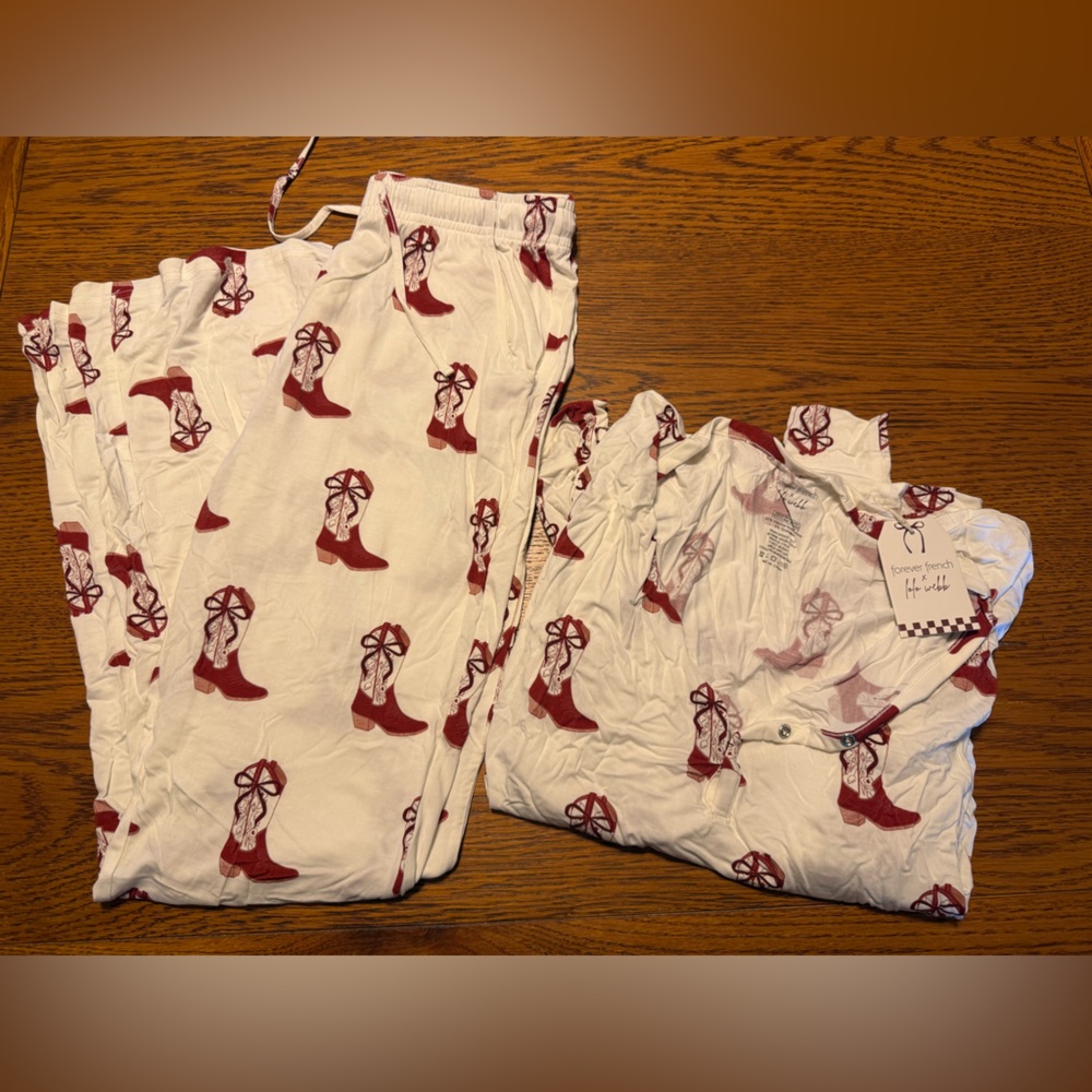 Cream Pajama Set with Red Cowboy Boot Print